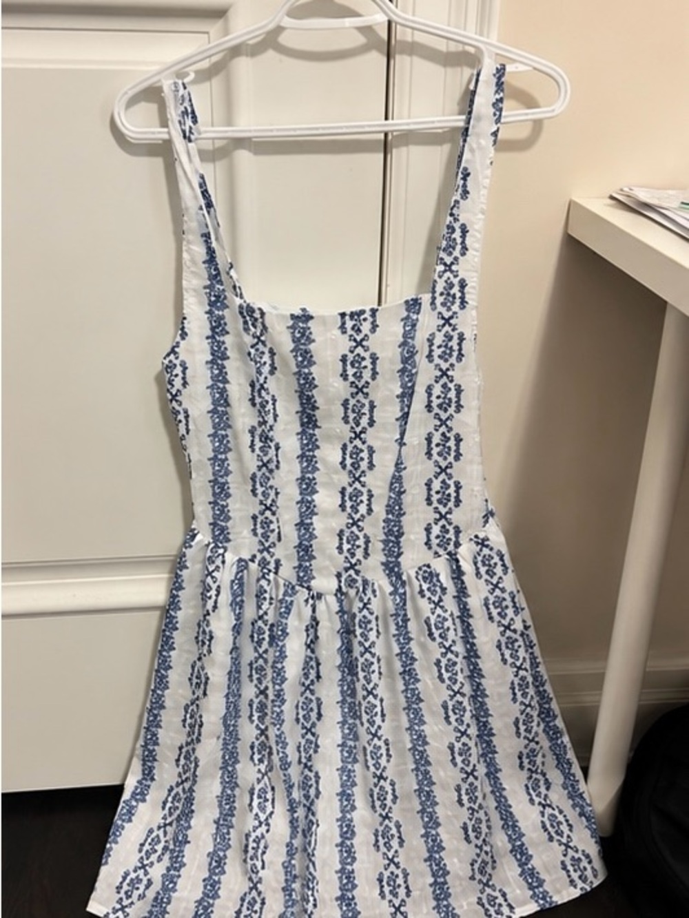 White and Blue Striped Sundress with Floral Motif